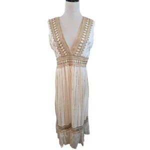 Boho Cream Maxi Dress‎ Gold Accents & Jute Crochet Details By Ashley Taylor OS